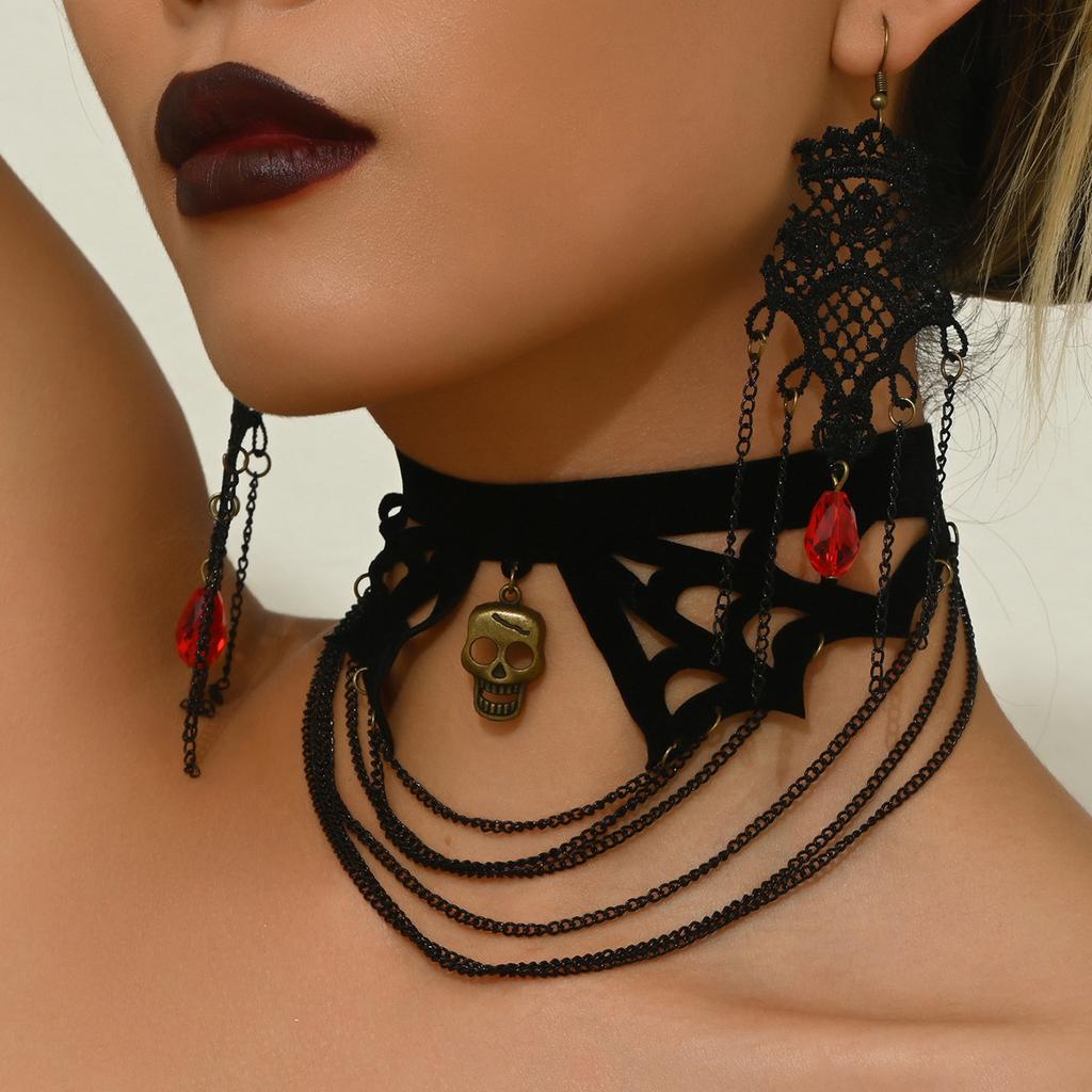 Halloween Skull Spider Lace Choker Necklace Dark Wind Fringed Earrings