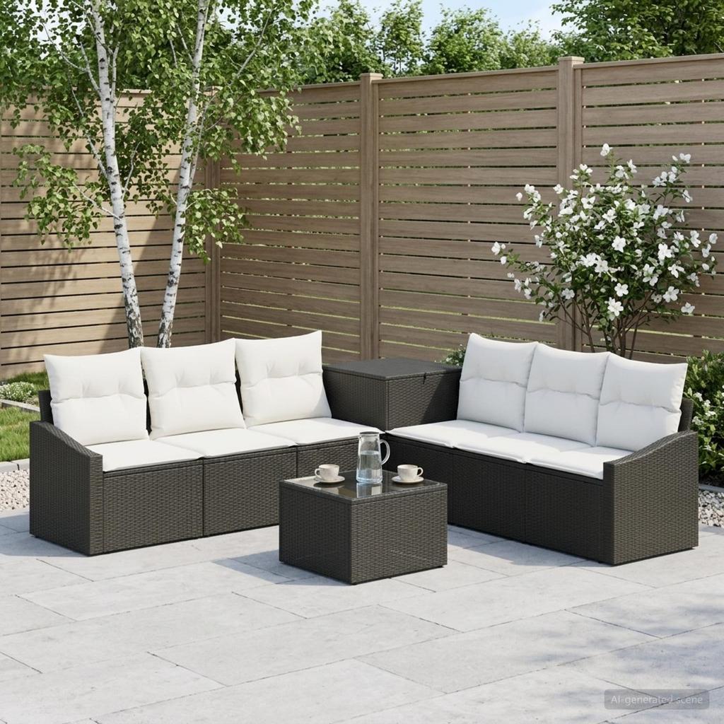 Sofa Set 8 pcs Black and Cream White Poly Rattan and Steel