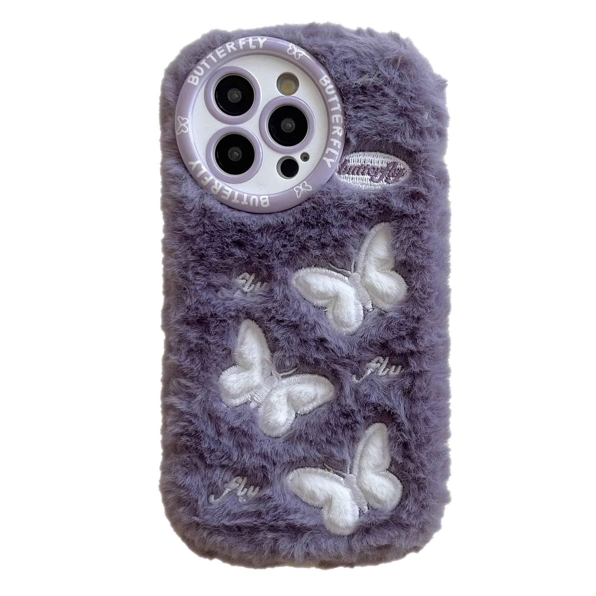 

For iPhone 16 Pro Max Case Butterfly Design Warm Plush TPU Phone Cover Purple