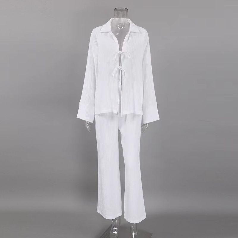 

Fashion Shoelace Top and Trousers Fashion Suit Homewear Lace-up Top and Trousers Suit White L