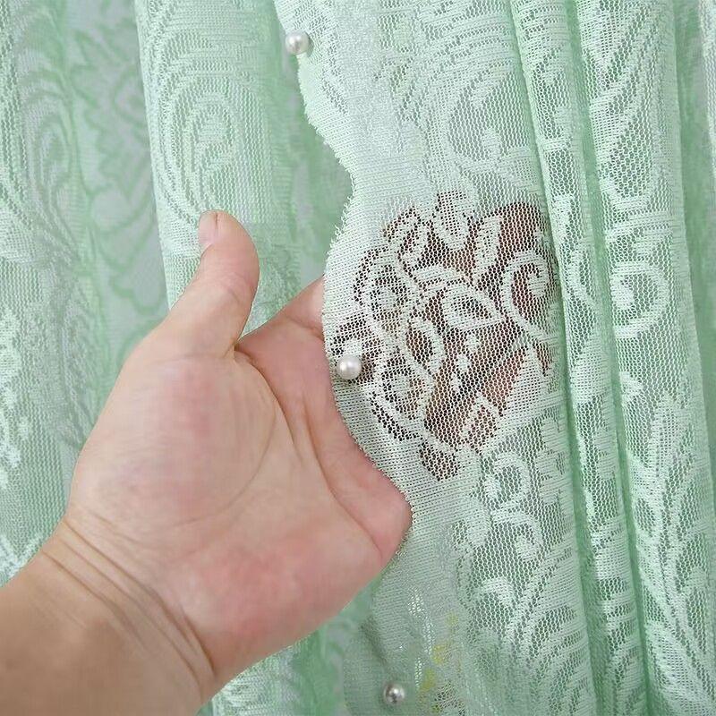 Vintage Lace Curtains  Romantic Semi Sheer Floral Lacy Curtain for Living Room, Elegant Window Drapes for Bedroom with Pearls