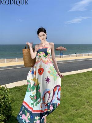 MODIQUE Sommer Damen Elegant Bunter Druck Lässig Strand Ärmellos Mädchenhaft Neckholder Lange Kleider Urlaub Lady Fairycore Süße Atmosphäre Kleider