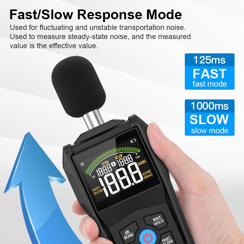  Bluetooth Noise Sound Level Meter Color Display Fast Slow Sampling Rate Capacitive Microphone Monitor 30-130dB Backlight