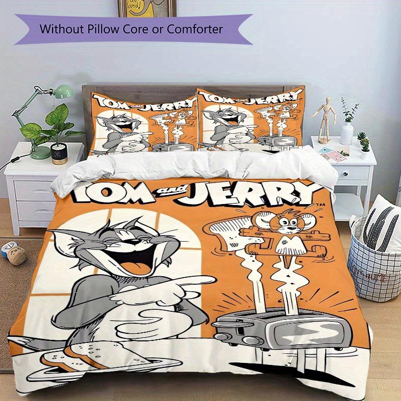 Set de așternut cu imprimeu Happy Tom & Jerry, 3 bucăți, Husă de pilotă moale și confortabilă pentru dormitor, Cameră de oaspeți (1 Față de plapumă + 2 Fețe de pernă, Pernă