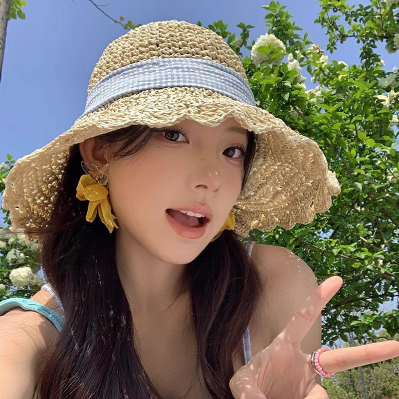 New Handmade Bow Crochet Straw Hat Women's Summer Seaside Vacation Sunshade Sunscreen Hat French Hollow Hat Tide