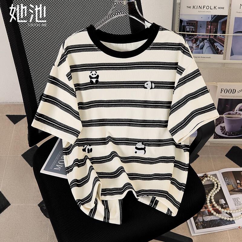 Women s Striped Cartoon Embroidered Mid-Length Loose T-Shirt S