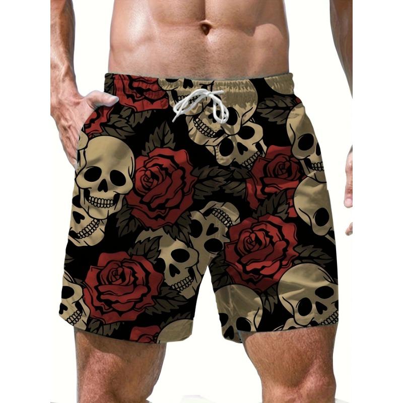 Men s Beach Shorts with Printed Roses and Skulls M
