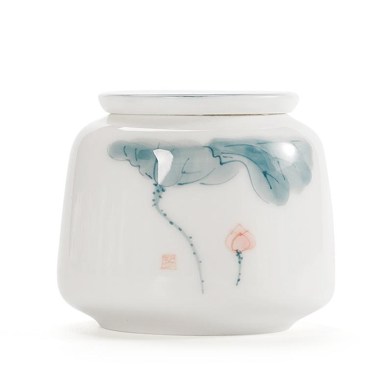Suet Jade Ceramic Small Tea Jar Japanese Hand Painted Lotus Storage Jar Mini Portable Wake Tea Sealed Jar White Porcelain
