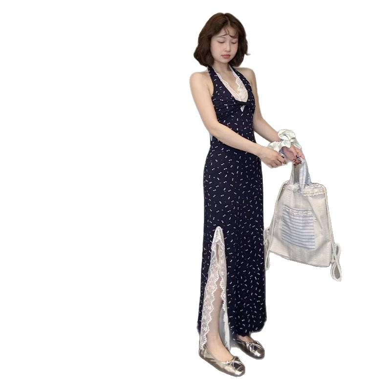 Korean lace splicing floral suspender dress for women's new small man pinching waist and looking thin hanging neck long skirt