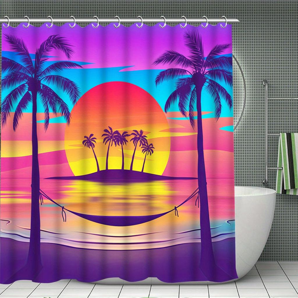 Rideau de douche décoratif cocotier Ensemble de salle de bain - Lavable en machine, Avec 12 crochets, Comprenant housse de siège de toilette et baignoire