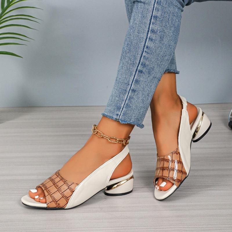 Women's Crocodile-Embossed Peep-Toe Block Heel Sandals for Casual & Summer Wear