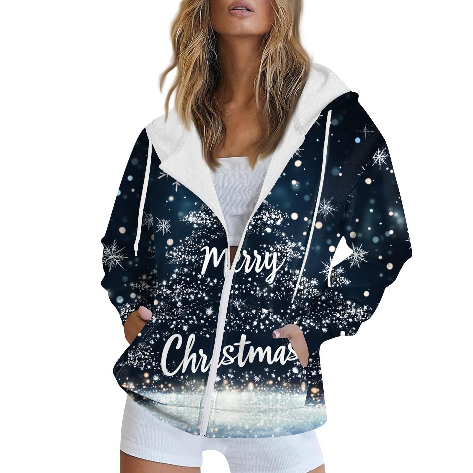 

Женская рождественская печатная толстовка осень-зима с длинным рукавом кардиган куртка с карманами на молнии толстовка с капюшоном верхняя одежда S винный