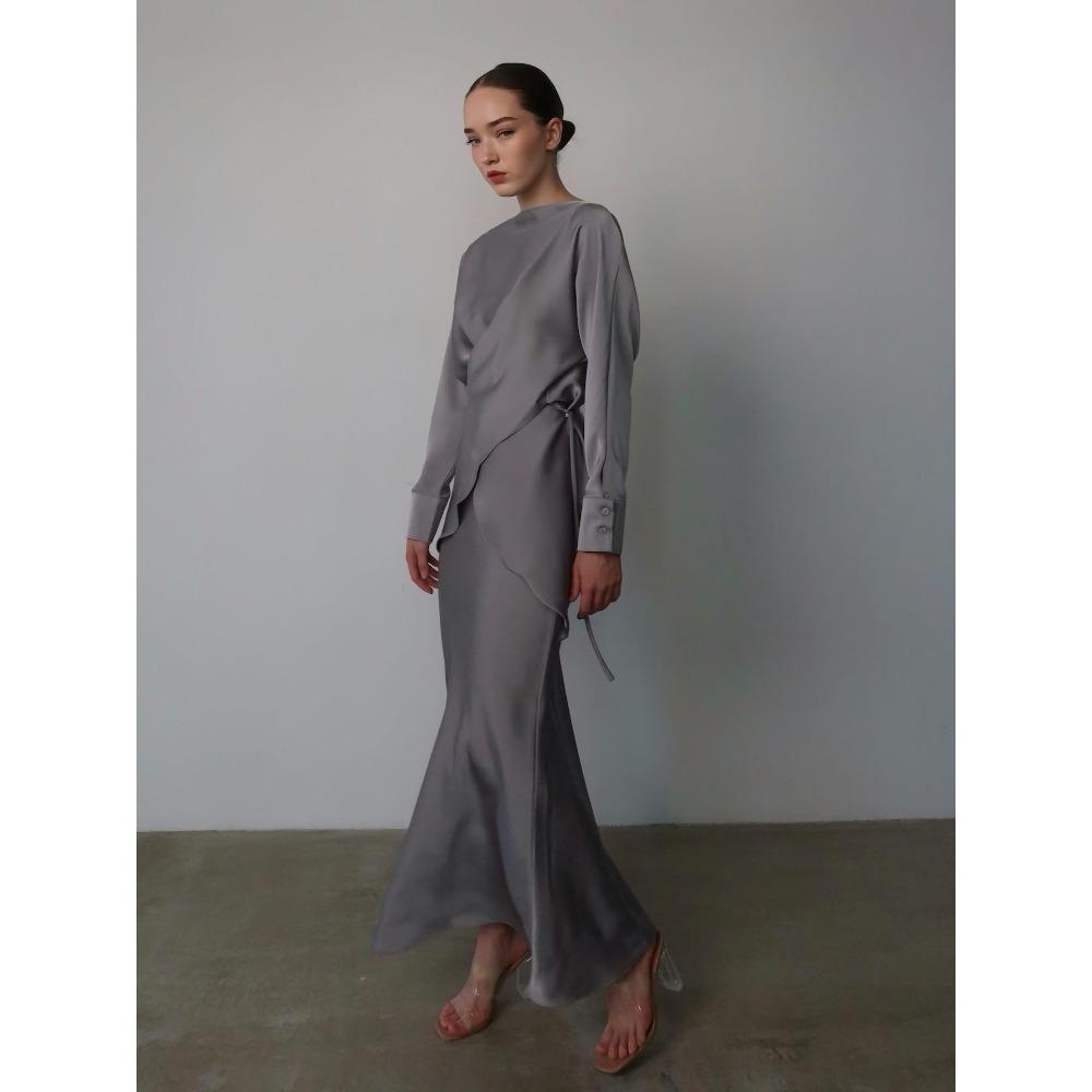 Women's Loose Skirt Suit Long Sleeve Blouse Elastic Waist Mermaid Skirt Satin Solid Elegant Two Piece Party Matching Set