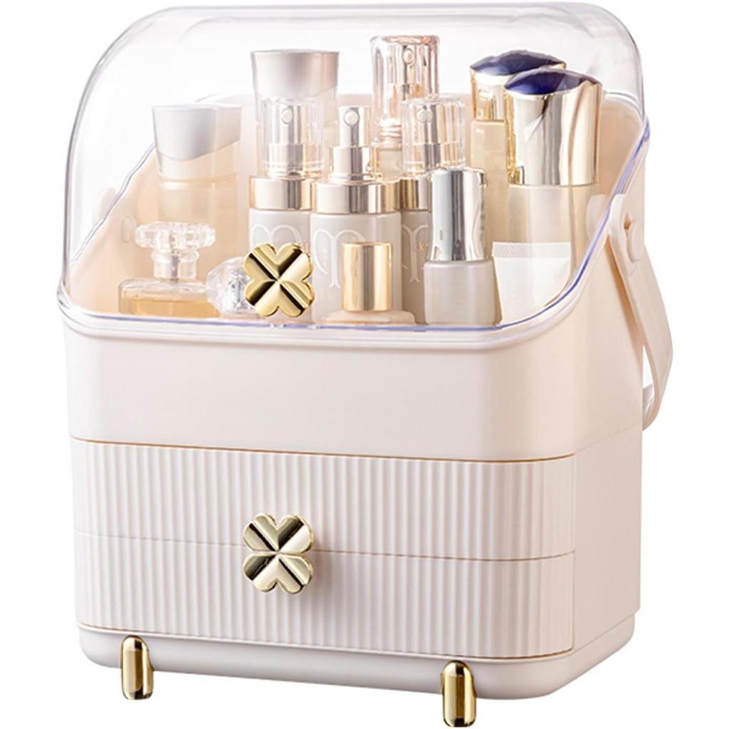 3 Tiers Makeup Organizer Holder Cosmetic Storage Box with Dust Free Cover Portable Handle 2 Rroomy Drawers