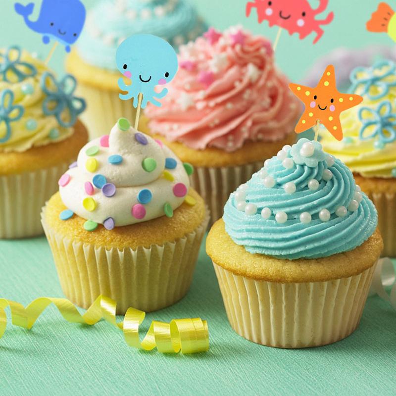 24pcs Ocean Animal Cupcake Toppers Under the Sea Party Cake Flags Boy Baby Shower Mermaid Theme Birthday Party Cake Decorations