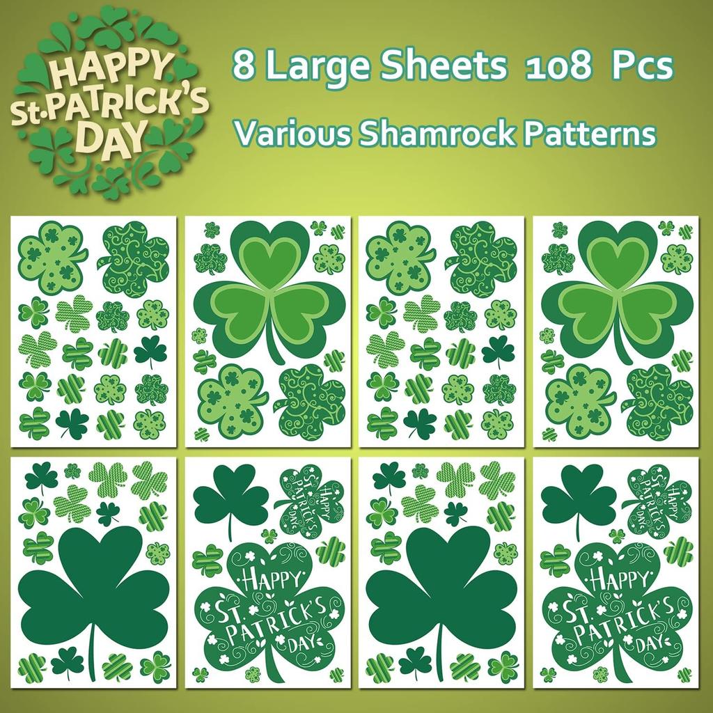 St Patricks Day Window Clings, 108 PCS Reble Shamrock Decal Stickers Static Spring Decorations for Office School Home