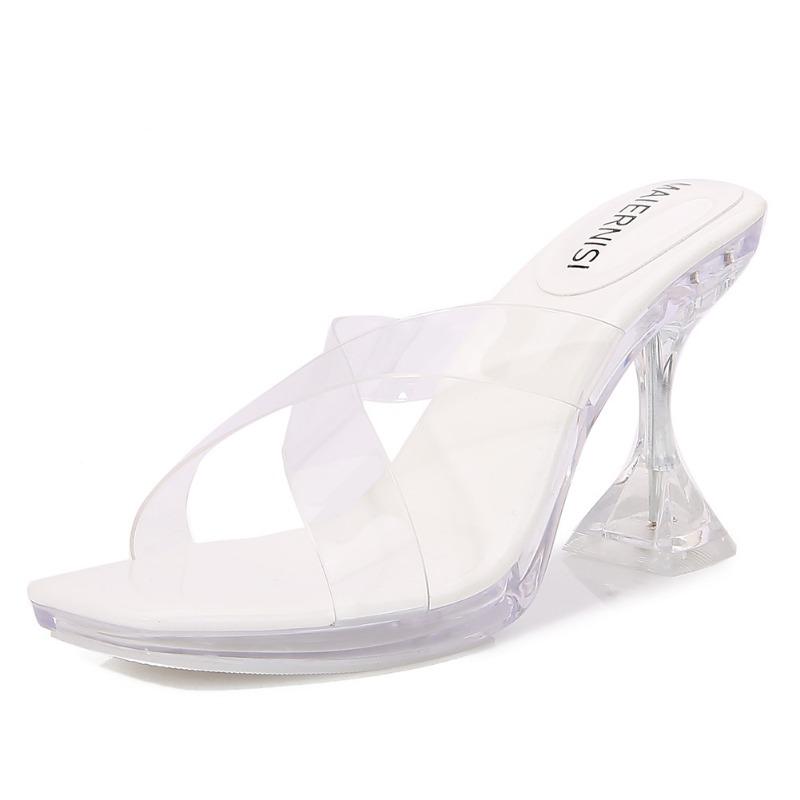 

Босоножки на высоком каблуке, каблук-рюмка, прозрачные перекрестные ремешки, сексуальная повседневная универсальная обувь 35 белый