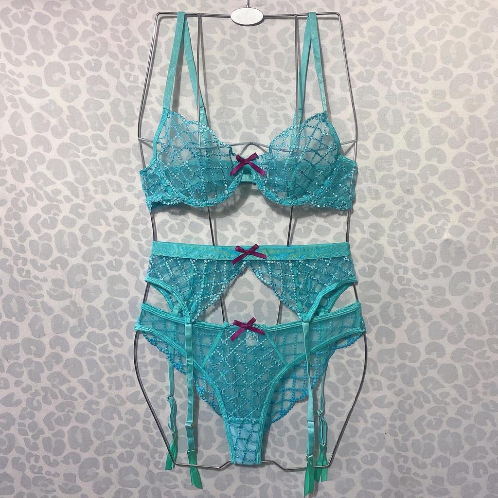 Lake Blue Embroidered Sling Bra Set: Trendy European and American 3-Piece with Steel Support