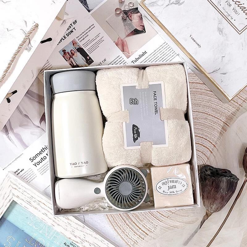 Business Gift Set with Insulated Mug & Accessories Insulated Mug + Towel + Fan + Handmade Soap