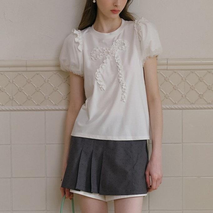 ISLOVE Unique Super Good-looking Fungus Lace Bow Top White Organza Bubble Sleeve T-shirt Women's Summer