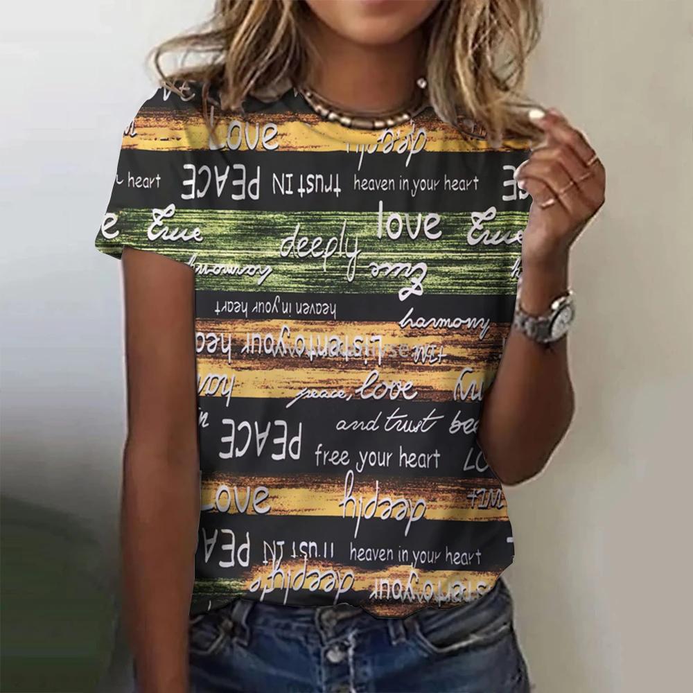 Letter stripe printing O-neck summer women's short-sleeved T-shirt casual loose Y2K streetwear