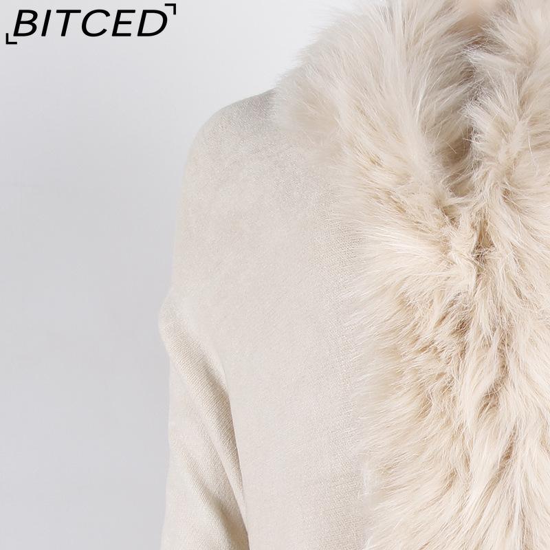 BITCED Fall/Winter Fringe Cape Shawl with Fur Collar Solid-Color Knit Sweater Jacket