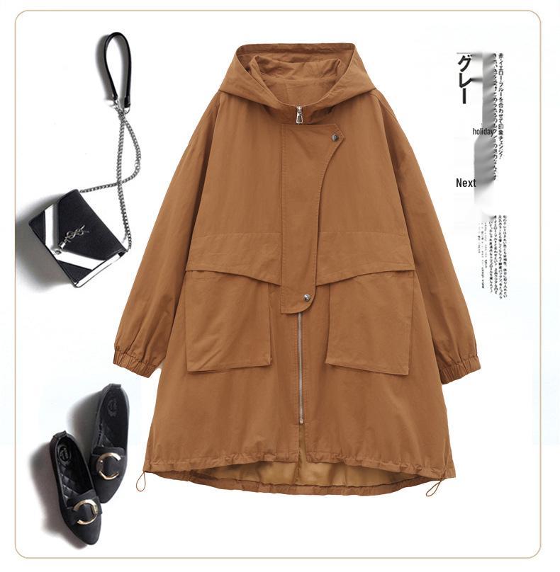2024 Plus-Size Mid-Length Hooded Trench Coat for Women: Loose, Casual, and Fashionable Spring/Autumn Style Outerwear for Moms.