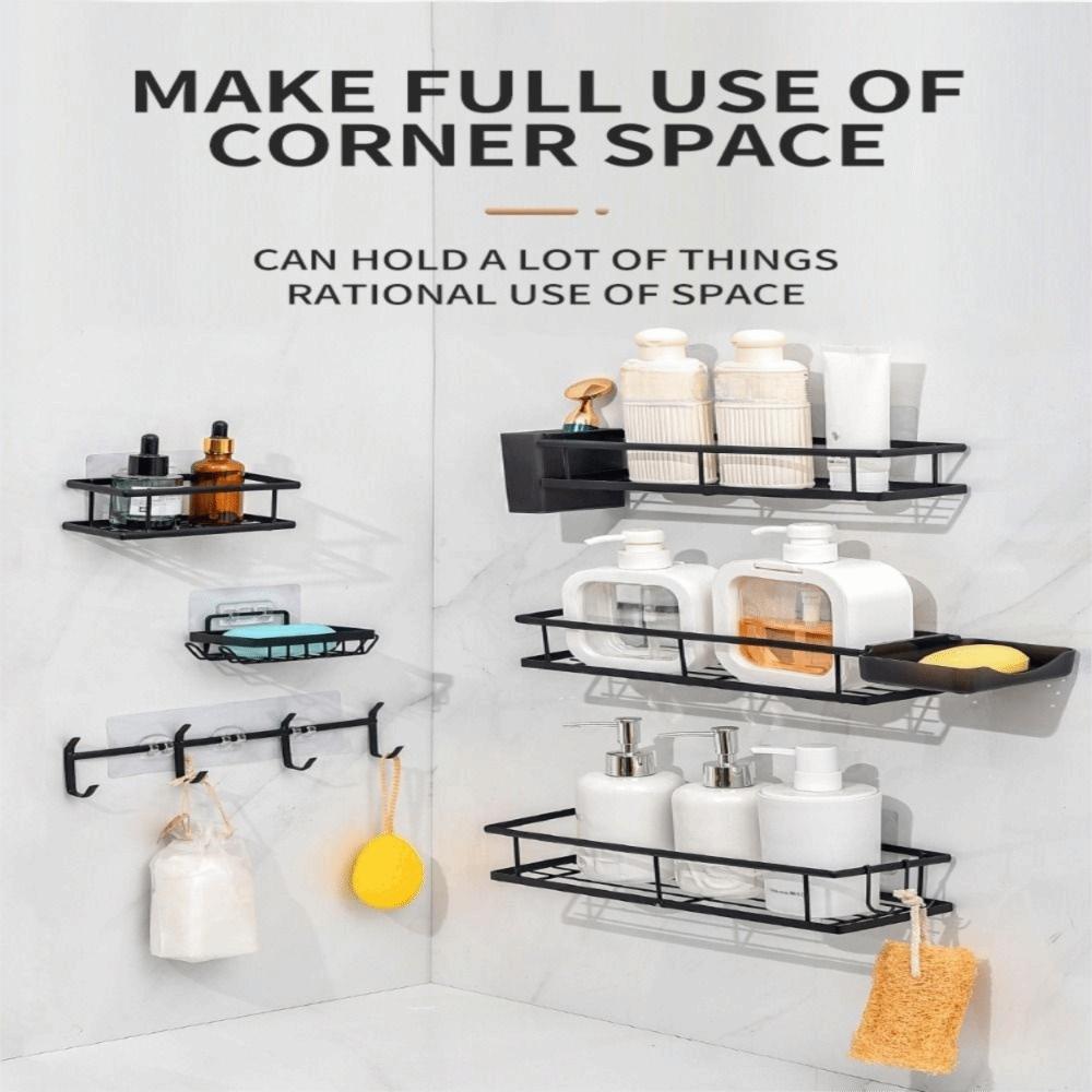 6 Pack Large Capacity Shower Storage Racks Self Adhesive Black Bath Organizer No Drilling Bathroom Shelves Wall Storage