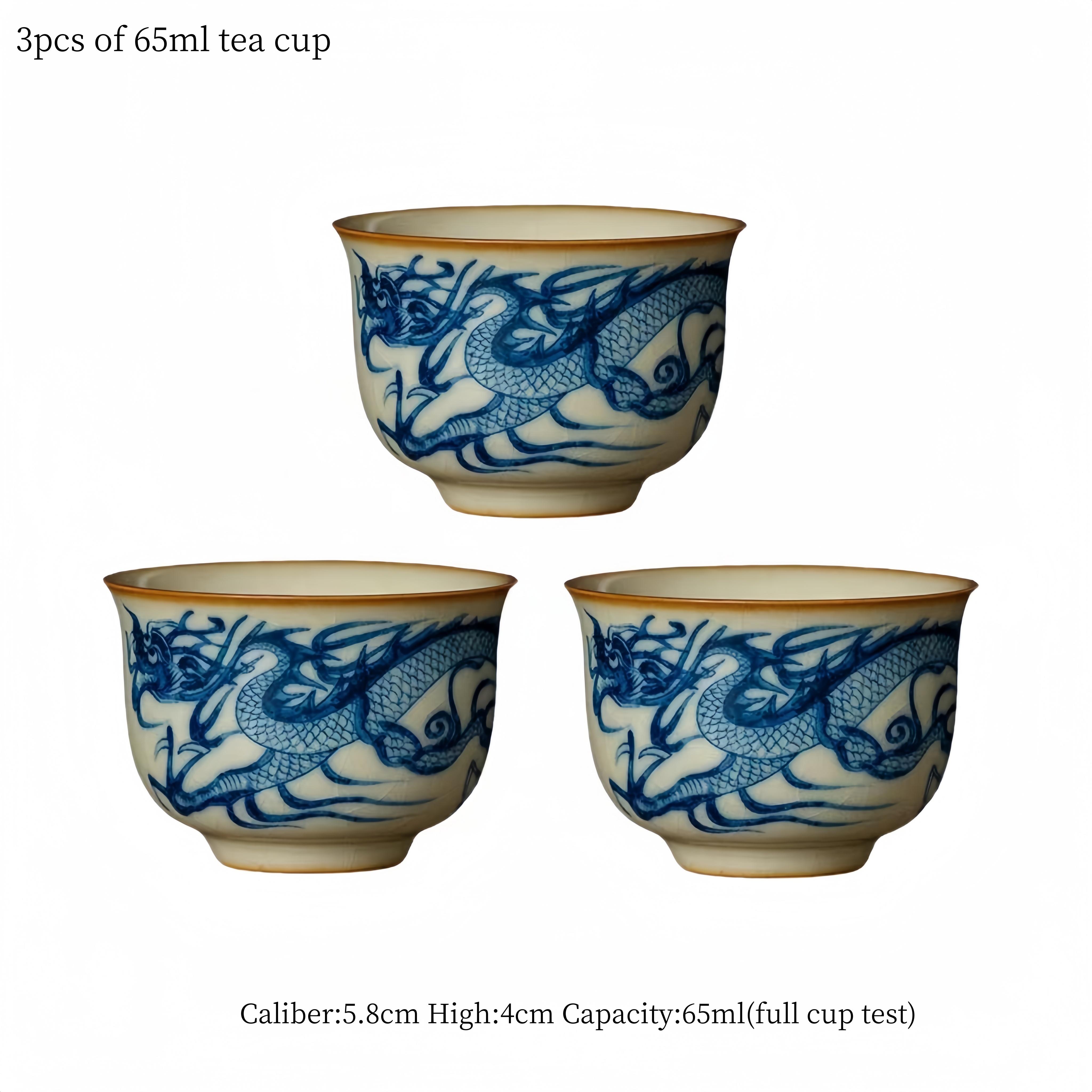 

65ml Ru Kiln Blue And White Dragon Pattern Round Tripod Teacup High End Tea Tasting Cup Kung Fu Tea Drinking Tea Ceremony 3pcs 200ml