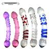 Pink-Purple Transparent Glass Dildo with Red and Blue Dot Stripes - Female Adult Toy