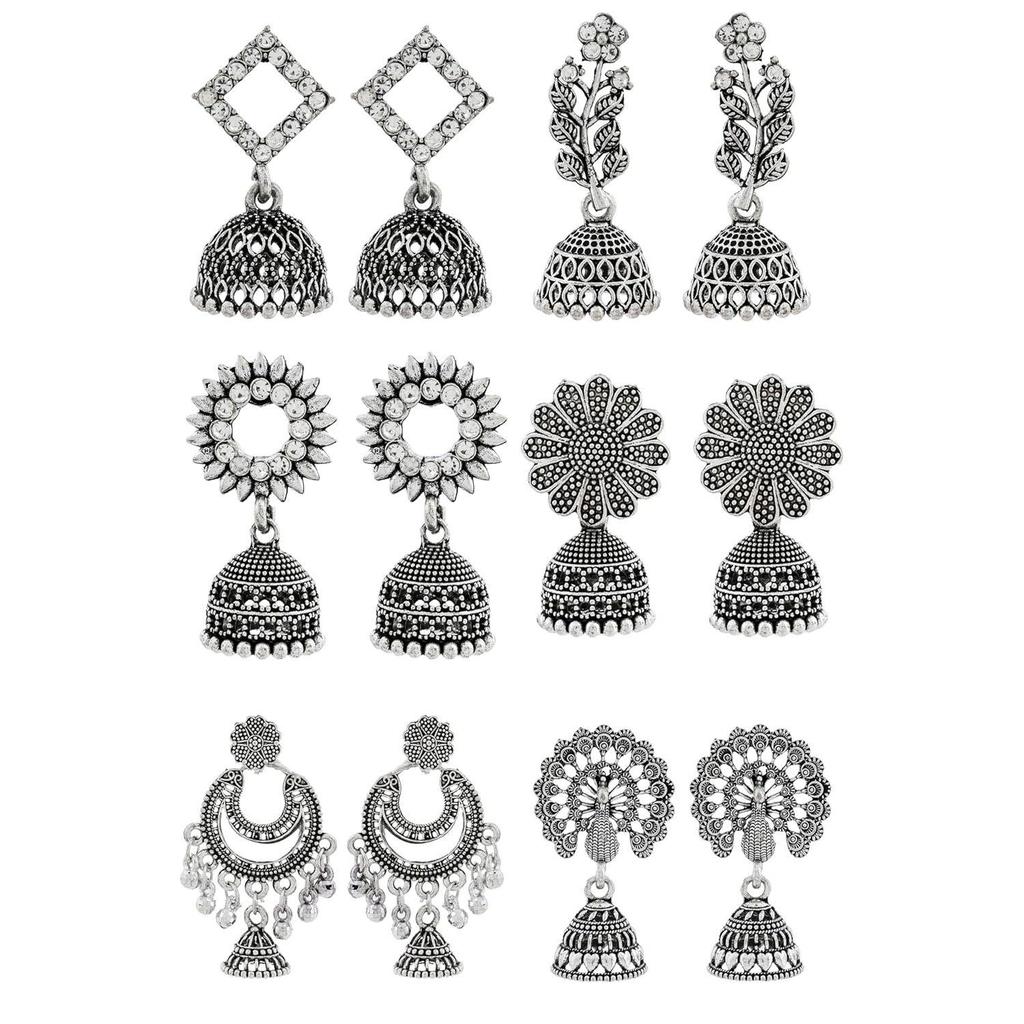 Moda feminina Jhumka Meenakari Kundans Oxidados Flor Templo Sul Indiano Brincos Tradicionais Conjunto estiloso Jhumki Grande Pacote Combinado de 6.