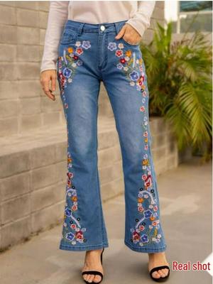Otoño 2025 Estilo Intelectual Jeans de Mezclilla Bordados Micro-Acampanados de Cintura Media