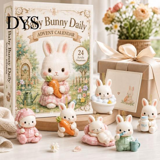 Fun Travel Companions Christmas Bunny Advent Calendar with 24 Acrylic 2D Rabbit Ornaments for Kids, Holiday Countdown Decorations Xmas Tree