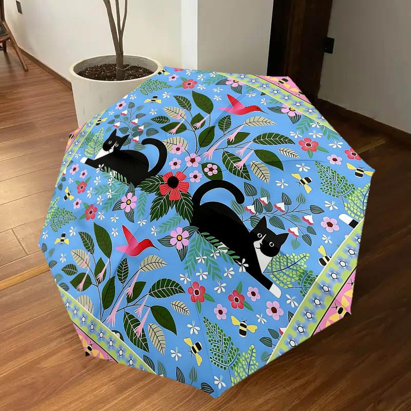 1PC Cats Flowers Umbrella-8-Rib Reinforced Portable Folding Travel Suitable for All Seasons Outdoor Daily Use Is an Ideal Choice -K0337