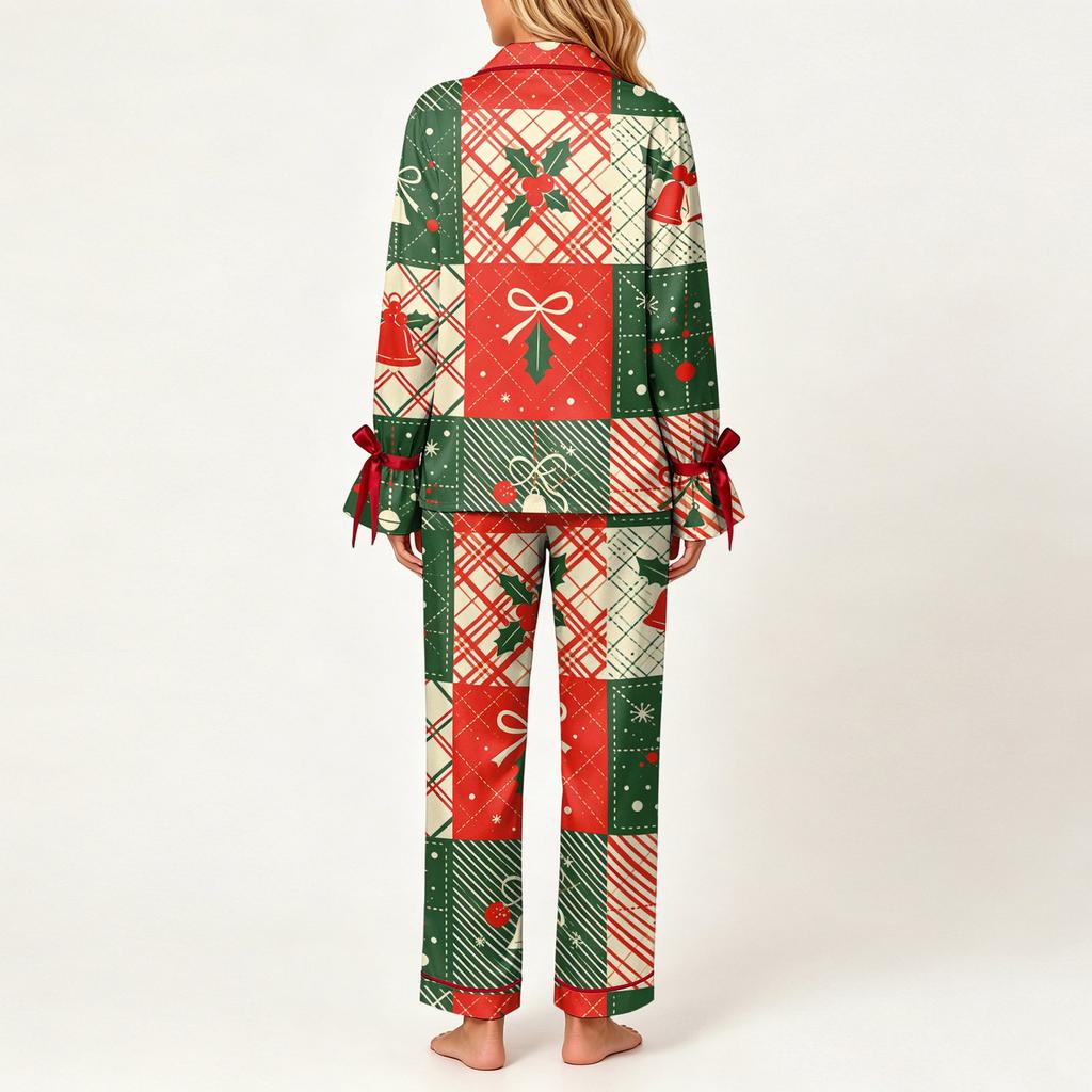 Women's Christmas Print Long Sleeve Pajama Set with Pocket Top and Matching Shorts
