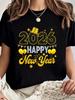 Happy New Year 2026 New Year's Eve Party T Shirt Spring Summer Women Fashion Tops Vacation Casual Daily Playful Print Clothing