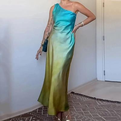 Damen Elegant Gradient Langes Kleid Mode Ein Schulter Ärmellos Partykleider Sexy Batik Rückenfreies Abendkleid