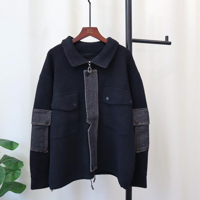 Autumn and winter new zipper denim splicing knitted double-sided woolen cardigan loose casual temperament sweater jacket women