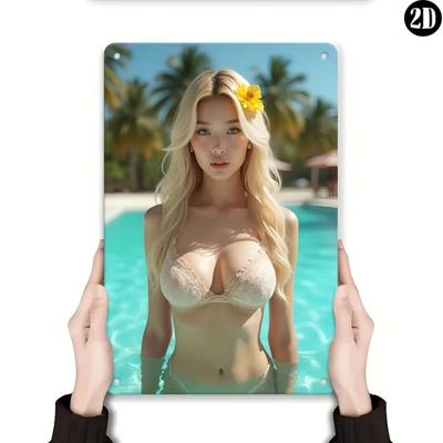 Metall Wandkunst Tropischer Strand 8x12 Zoll Eisen Poster Blondes Bikini Wanddekor Langlebig Einfach Aufhängen