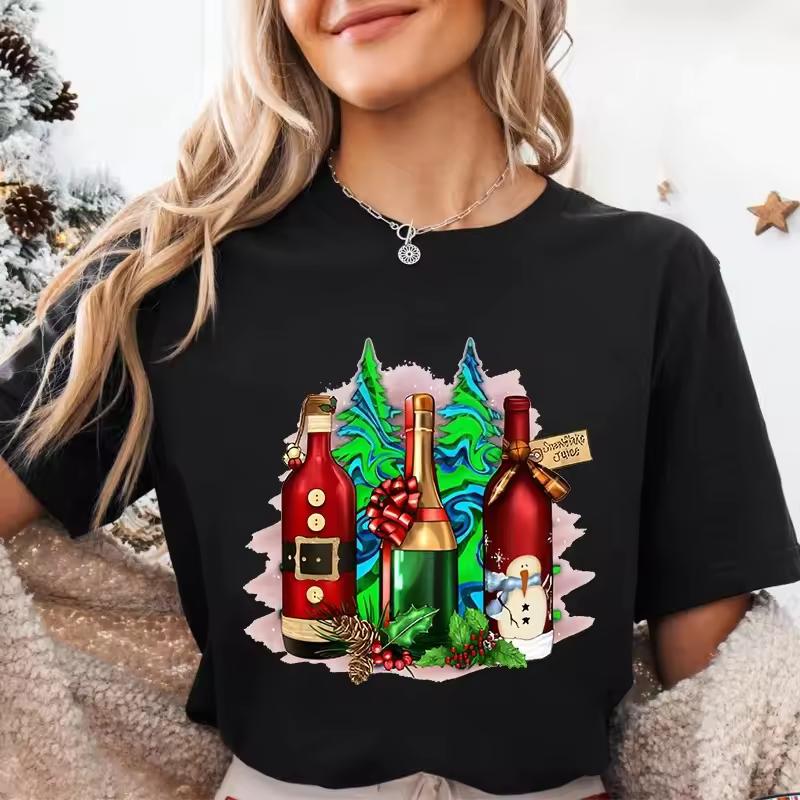 Christmas Style Wine Glasses Fashionable Creative Prints Women's Comfortable Loose Oversized Casual T-shirt