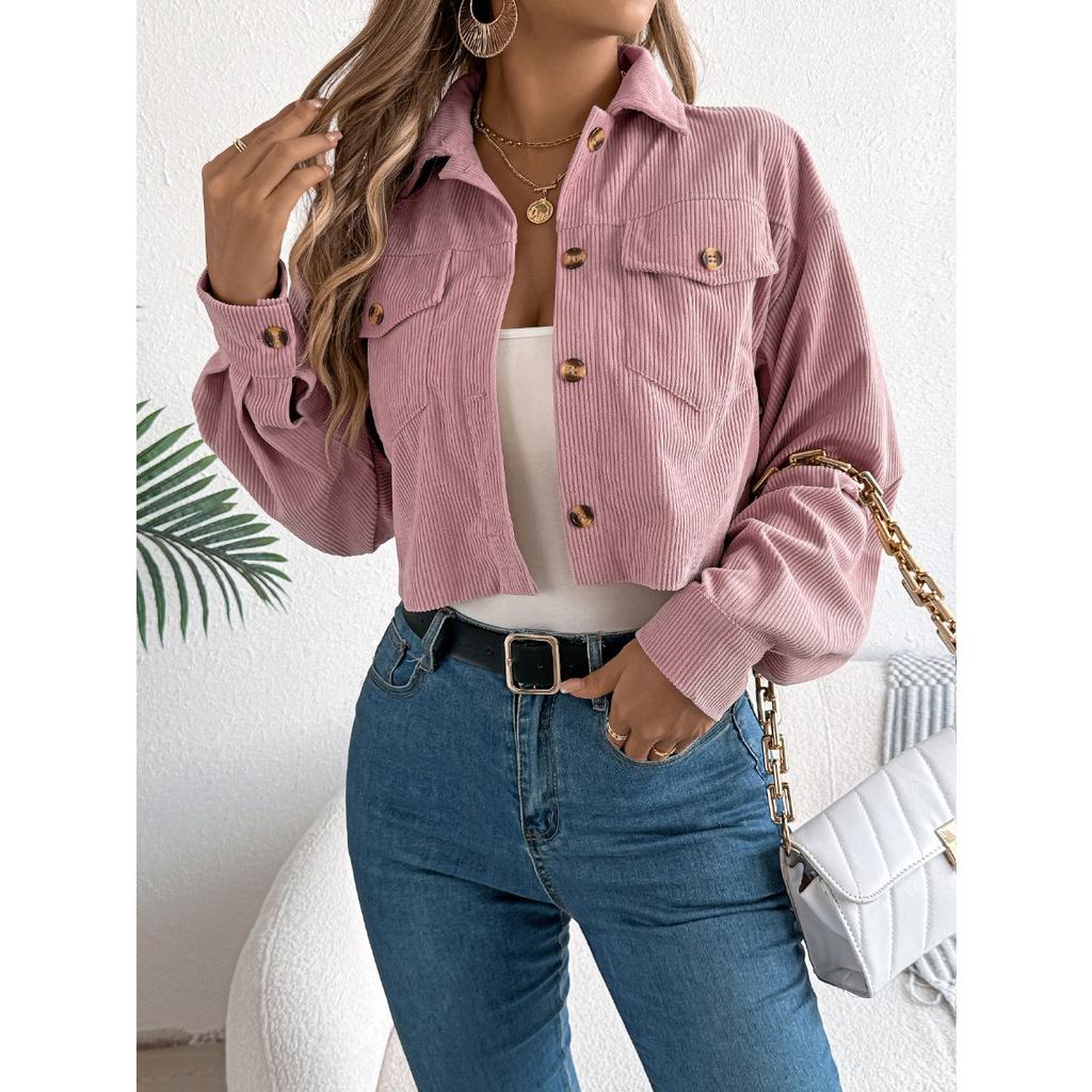 Autumn and Winter, Casual Jacket, Pocket, Long Sleeved, Corduroy, Short Jacket, Warm Jacket, Women's Clothing