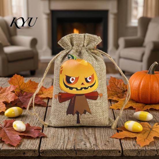 Halloween Event Favors 2PCS Drawstring Treat Bags, Cartoon Pumpkin Faux Linen Trick or Cute Candy Carriers Sacks, Kids Storage Pouches for Party