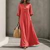 European and American Autumn Women's V-neck Seven-quarter-sleeved Holiday Cotton and Linen Blended Casual Long Dress