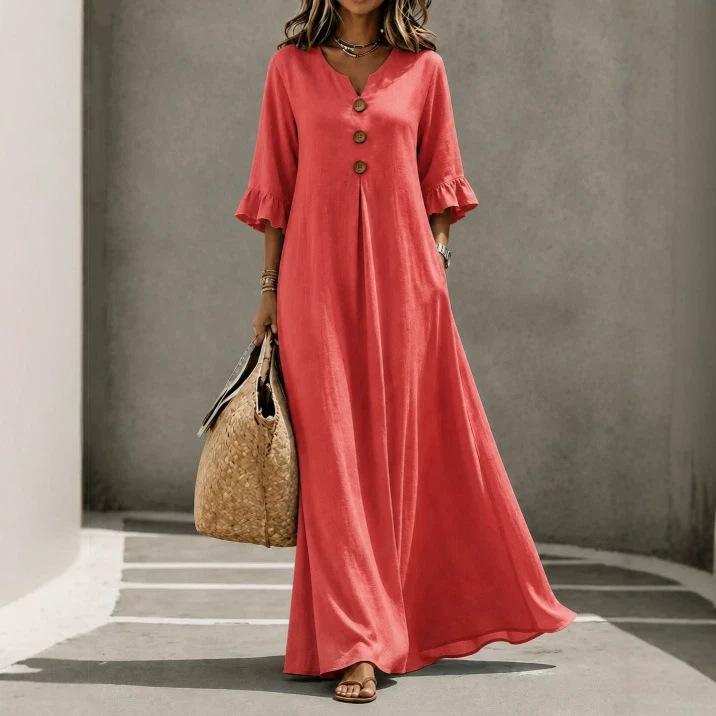 European and American Autumn Women's V-neck Seven-quarter-sleeved Holiday Cotton and Linen Blended Casual Long Dress