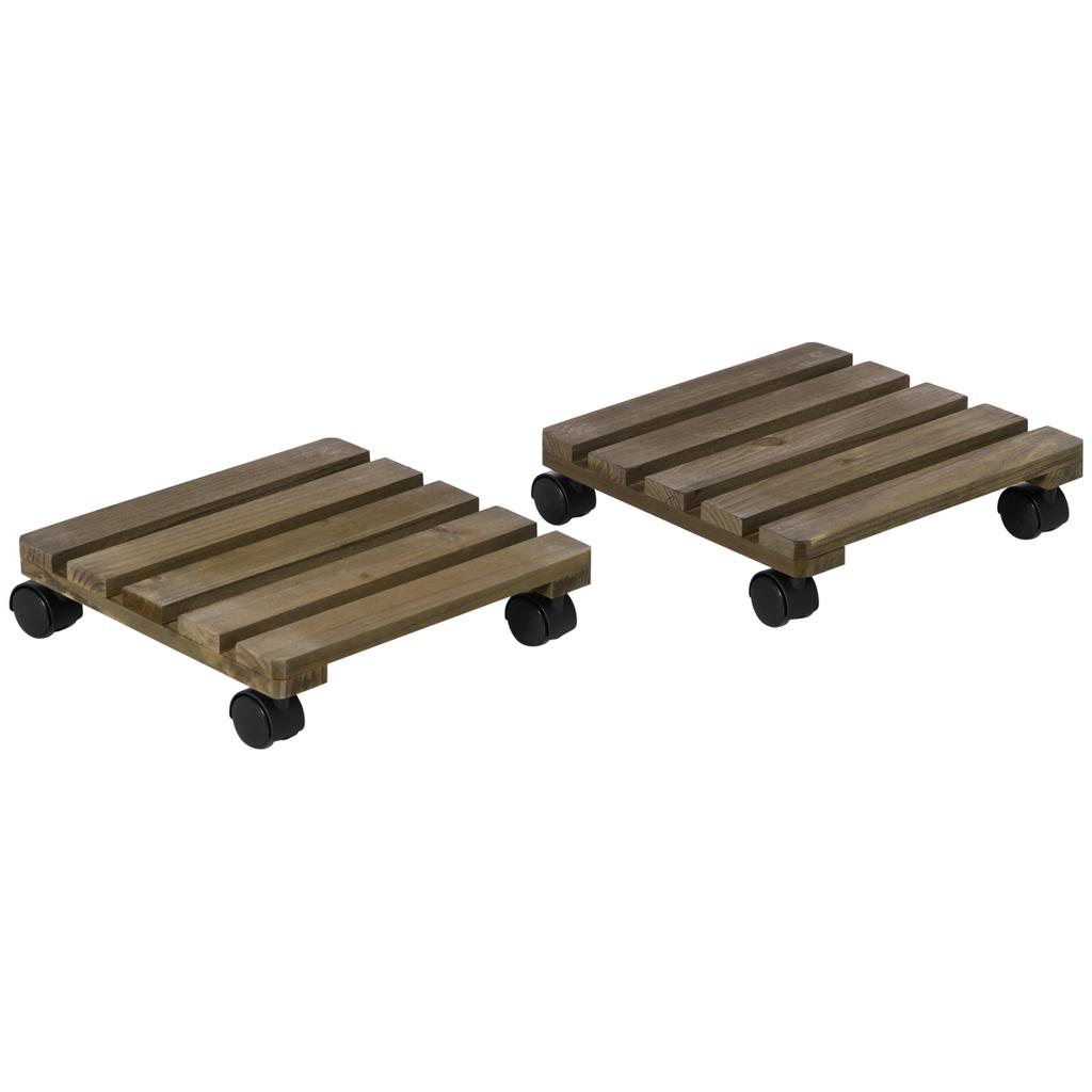 Set of 2 Rolling Plant Stands. Solid Wood. 4 Wheels with Brakes. 30 cm x 30 cm x 7 cm. Brown + Black