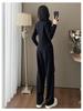 Women's Autumn Casual Sports Set: Slimming Black Long Sleeve Top & Wide Leg Pants