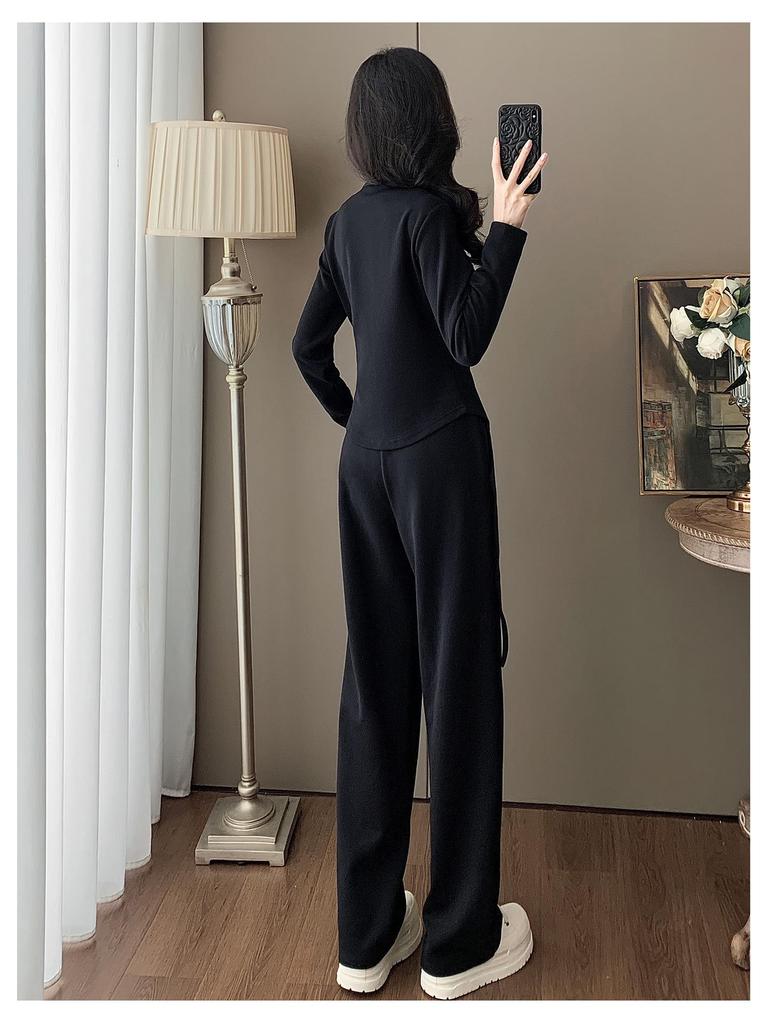 Women's Autumn Casual Sports Set: Slimming Black Long Sleeve Top & Wide Leg Pants