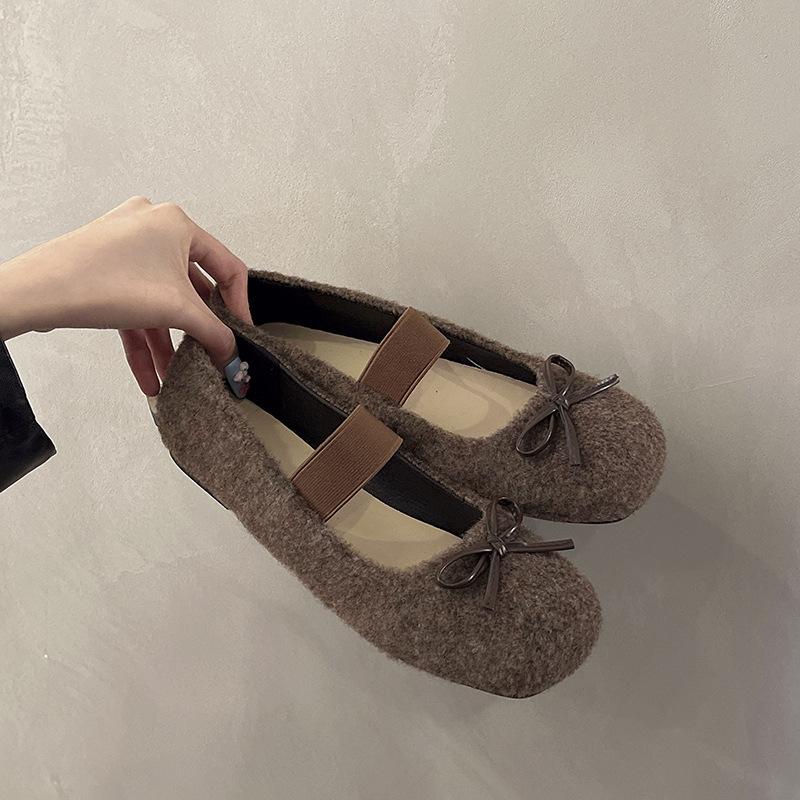 French retro light mouth bow with hairy single shoes women's 2025 new cute ballet shoes grandma shoes