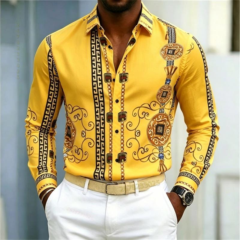 New Men's Shirt Palace Style Shirt Black Gold Pattern Printed Slimming Long Sleeve Shirt Trendy Fashion Casual Men's Wear