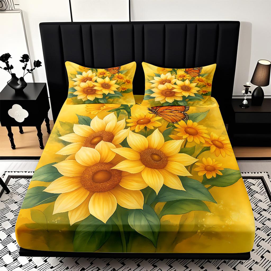 Home Textiles Sunflower Pattern 3D Digital Printing Sanded Sheet Three-Piece Set, Pattern